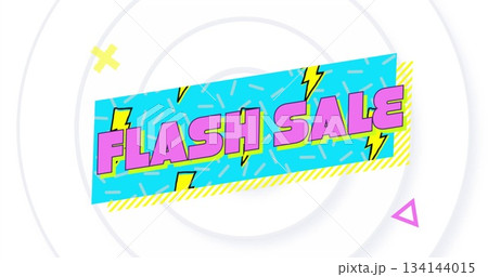 Displaying blue FLASH SALE banner in layout, with lightning icons, dash patterns and striped border 134144015