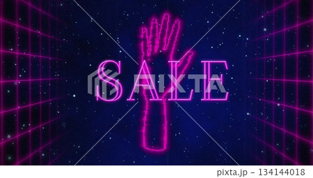 Presenting neon pink wireframe hand reaching upward in magenta grid planes scene, with SALE text 134144018