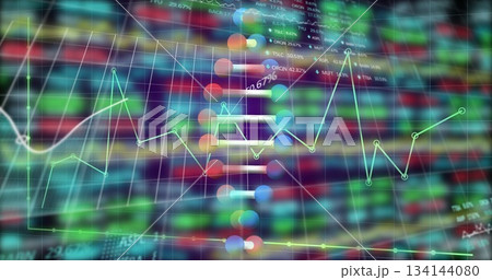 Displaying neon-green line graph moving across stock market dashboard, with colored circular nodes 134144080