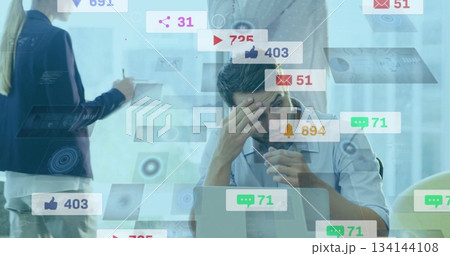 Holding glasses and rubbing forehead, man at laptop desk, woman writing on board and icons floating Holding glasses and rubbing forehead, man at laptop desk, woman writing on board and icons floating 134144108