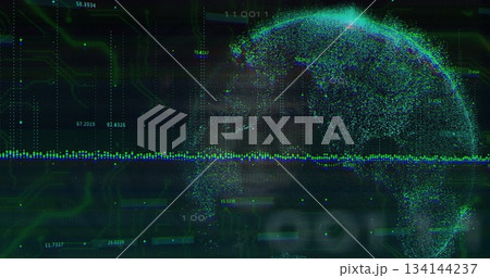 Displaying dotted globe at right of data view, showing waveform, circuits and numbers, copy space Displaying dotted globe at right of data view, showing waveform, circuits and numbers, copy space 134144237