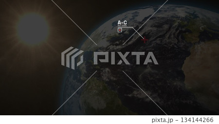 Displaying 3D Earth showing western half from orbit, with sun, red-cross marker, AC All Clear label 134144266