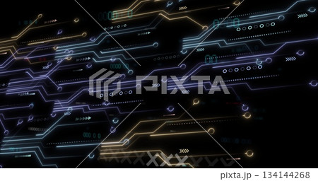 Streaming digital network connecting circuit paths and nodes in virtual interface, with neon traces 134144268
