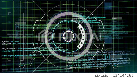 Displaying central HUD reticle showing concentric rings in interface with grid lines, arcs and code Displaying central HUD reticle showing concentric rings in interface with grid lines, arcs and code 134144269