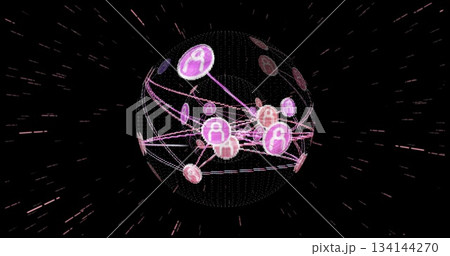 Floating wireframe globe in space, connecting glowing nodes with person icons and light streaks Floating wireframe globe in space, connecting glowing nodes with person icons and light streaks 134144270