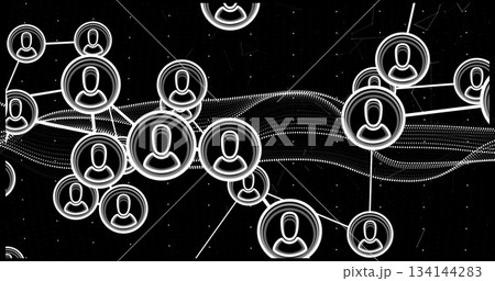 Displaying digital network graph moving on dark field, with glowing user icons, lines, dotted waves 134144283