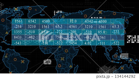Displaying blue overlay showing numeric data in command center, world map outline with grid icons Displaying blue overlay showing numeric data in command center, world map outline with grid icons 134144292