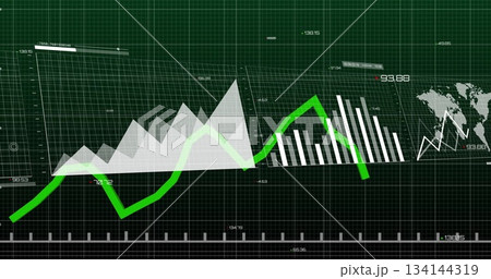 Displaying data visualization on dashboard, with area chart, line chart, bar charts, world map Displaying data visualization on dashboard, with area chart, line chart, bar charts, world map 134144319