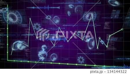 Displaying neon green line graph with glowing nodes over purple grid, dials and gear icons Displaying neon green line graph with glowing nodes over purple grid, dials and gear icons 134144322