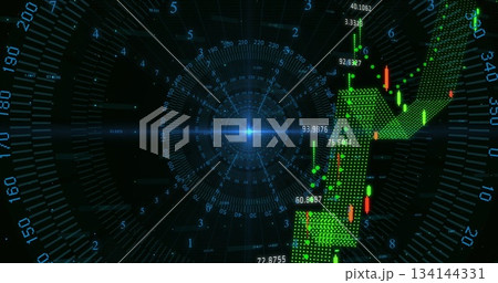3D candlestick arrow pointing upward in interface with radial grid and numeric readouts, copy space 134144331
