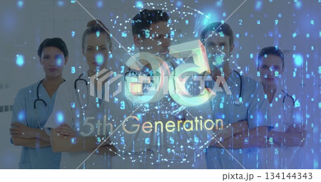 Medical team in scrubs standing in corridor projecting 5th Generation logo with floating symbols Medical team in scrubs standing in corridor projecting 5th Generation logo with floating symbols 134144343