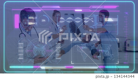 Examining doctors in white coats reviewing holographic DNA waveform, chest X-ray film in exam room 134144344
