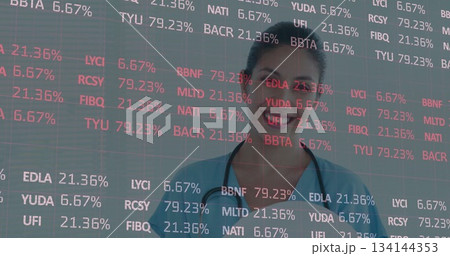 Nurse in blue scrubs and stethoscope presenting stock tickers and percentages in studio, copy space 134144353