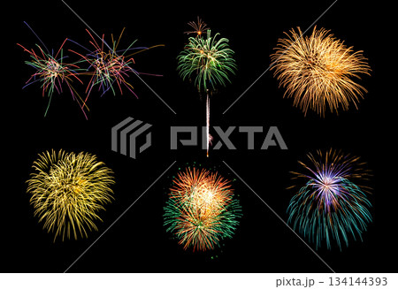 Colorful assorted six fireworks selection on a black background. New Year celebration concept 134144393