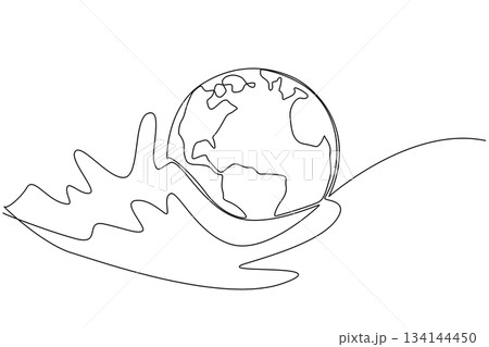 Single line drawing shows the planet Earth resting gently in flowing ocean waves, symbolizing care for marine life. A meaningful nature concept artwork for World Oceans Day awareness. 134144450