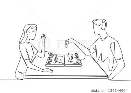 Continuous line drawing illustration of a young man and woman playing chess at a table, symbolizing International Tabletop Day with a social connection and leisure activity concept. 134144464