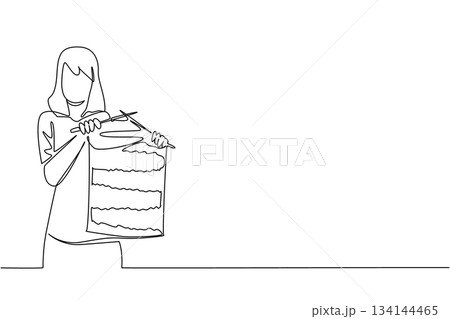 Simple continuous line drawing of a woman proudly holding a knitted fabric piece with needles, celebrating Worldwide Knit in Public Day, symbolizing creativity, craft, and shared passion. 134144465