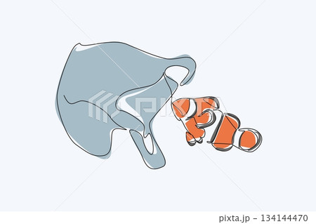 Single line drawing features a clownfish swimming near a plastic bag, illustrating a science concept for World Oceans Day theme, raising awareness of ocean plastic threats. 134144470