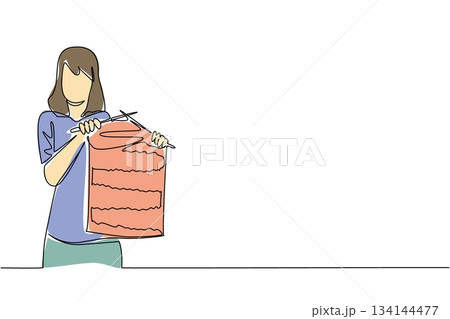 One line drawing of a woman proudly holding large red knitted fabric represents creativity and the nature concept, designed to highlight Worldwide Knit in Public Day as a global craft celebration. One line drawing of a woman proudly holding large red knitted fabric represents creativity and the nature concept, designed to highlight Worldwide Knit in Public Day as a global craft celebration. 134144477