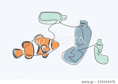 Single line drawing shows a clownfish surrounded by plastic bottles in the sea, conveying an environmental concept with the World Oceans Day theme, promoting ocean conservation. 134144478