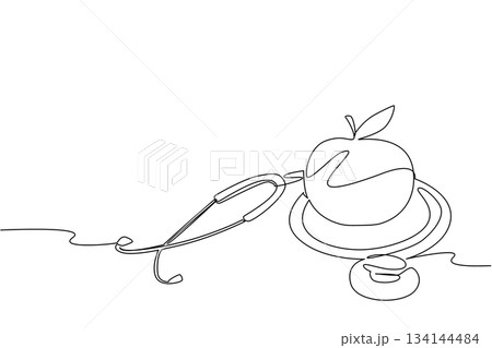 Continuous line drawing of orange connected with stethoscope, representing healthcare and nutrition concept for World Food Safety Day, symbolizing safe food choices and global wellness. 134144484