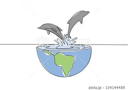 Continuous line drawing shows dolphins leaping from a half Earth bowl of water, reflecting an environmental concept for World Oceans Day theme, highlighting marine life and awareness. Continuous line drawing shows dolphins leaping from a half Earth bowl of water, reflecting an environmental concept for World Oceans Day theme, highlighting marine life and awareness. 134144489