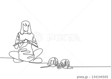Minimal continuous line drawing of a woman knitting while sitting with yarn balls around her, celebrating Worldwide Knit in Public Day, highlighting creativity, craft, and community. Minimal continuous line drawing of a woman knitting while sitting with yarn balls around her, celebrating Worldwide Knit in Public Day, highlighting creativity, craft, and community. 134144505
