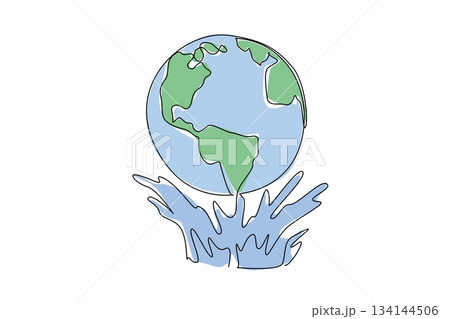 Minimalist single line drawing of Earth lifted by water splash, representing unity, ocean care, and international cooperation for sustainability on World Oceans Day global awareness concept. Minimalist single line drawing of Earth lifted by water splash, representing unity, ocean care, and international cooperation for sustainability on World Oceans Day global awareness concept. 134144506