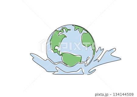 Continuous line drawing of Earth creating a splash in water, symbolizing ocean importance, environmental awareness, and global responsibility for World Oceans Day international event theme. 134144509