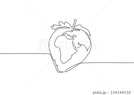 Imaginative continuous line drawing featuring a strawberry shaped like a globe, designed for World Food Safety Day, highlighting safe food practices, sustainability, and nutrition in a global concept 134144510