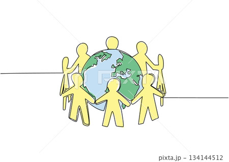 One line draw of diverse human figures holding hand around Earth, representing global unity and compassion. Design of World Caring Day with a human centered nature concept and international event 134144512