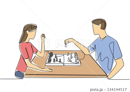 Single line drawing of a man and woman sitting at a table playing chess, symbolizing intelligence, focus, and friendship in cultural concept for International Tabletop Day celebration worldwide. 134144517