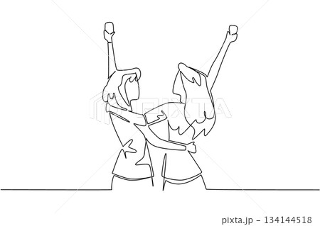 Continuous line drawing of two female best friends hugging and raising glasses in the air, celebrating National Best Friends Day with happiness and excitement in a social lifestyle concept. Continuous line drawing of two female best friends hugging and raising glasses in the air, celebrating National Best Friends Day with happiness and excitement in a social lifestyle concept. 134144518