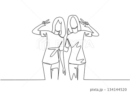 Minimalist single line drawing of two girls posing together showing peace signs for National Best Friends Day, capturing joy, togetherness, and youthful bonding in a lifestyle concept. Minimalist single line drawing of two girls posing together showing peace signs for National Best Friends Day, capturing joy, togetherness, and youthful bonding in a lifestyle concept. 134144520