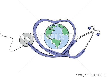 One line drawing of a heart-shaped stethoscope encircling Earth, symbolizing universal health protection, medical caring, and global compassion central to World Caring Day international event 134144522