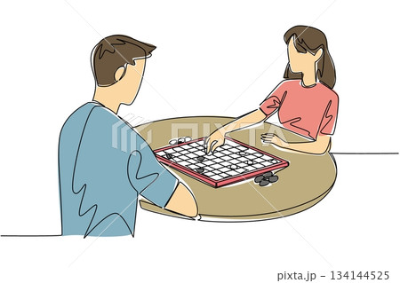 Single line drawing of a young man and woman seated at a round table playing a board game with grid pieces, highlighting culture, strategy, and community for International Tabletop Day event. Single line drawing of a young man and woman seated at a round table playing a board game with grid pieces, highlighting culture, strategy, and community for International Tabletop Day event. 134144525