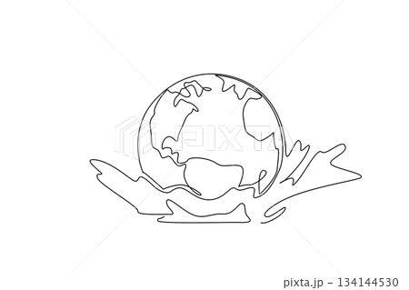 Single line drawing illustrates the Earth resting on ocean waves, symbolizing harmony between land and sea. It highlights a nature concept for World Oceans Day, raising global awareness. Single line drawing illustrates the Earth resting on ocean waves, symbolizing harmony between land and sea. It highlights a nature concept for World Oceans Day, raising global awareness. 134144530