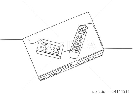 Continuous line drawing of a VCR player with remote control and VHS cassette, showing retro home entertainment. This business concept artwork celebrates National VCR Day as an international event. 134144536