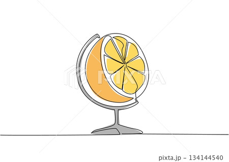 Creative one line drawing of a globe featuring a sliced orange. A nature and health concept for World Food Safety Day, emphasizing global food quality and fresh produce. Creative one line drawing of a globe featuring a sliced orange. A nature and health concept for World Food Safety Day, emphasizing global food quality and fresh produce. 134144540