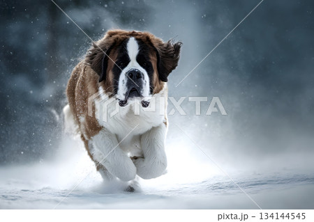 雪の中を力強く走るセントバーナードの迫力ある冬の瞬間 134144545