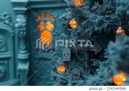 Gothic Christmas Interior with Black Trees, Crosses, and Grand Halls. AI 134144566