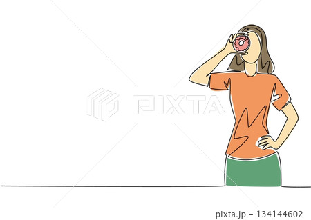 Minimalist continuous line drawing of woman holding donut as monocle, symbolizing sweetness, playfulness, and lifestyle fun in a creative concept for National Donut Day celebration. Minimalist continuous line drawing of woman holding donut as monocle, symbolizing sweetness, playfulness, and lifestyle fun in a creative concept for National Donut Day celebration. 134144602