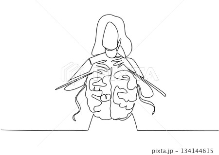 Unique continuous line drawing of a woman working with oversized yarn in a knitting project, representing passion, skill, and creativity for Worldwide Knit in Public Day celebration. 134144615