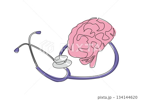 Continuous line drawing of a human brain with a stethoscope symbolizes the health concept, created for World Brain Tumor Day as a global international medical awareness and support event. 134144620