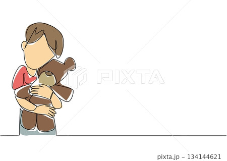 Single line drawing art of a boy hugging a brown teddy bear tightly, filled with warm tones to highlight comfort, love, and security, created for World Doll Day in a family concept. Single line drawing art of a boy hugging a brown teddy bear tightly, filled with warm tones to highlight comfort, love, and security, created for World Doll Day in a family concept. 134144621