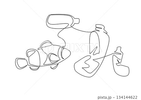 Continuous line drawing of a clownfish swimming among plastic bottles and pollution, highlighting ocean waste issues in a creative vector for World Oceans Day and ecology concept. Continuous line drawing of a clownfish swimming among plastic bottles and pollution, highlighting ocean waste issues in a creative vector for World Oceans Day and ecology concept. 134144622