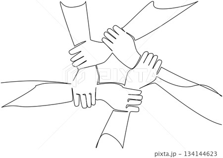 Continuous line drawing of several hands interlocked in a circle, symbolizing unity, teamwork, and equality for Race Unity Day. A strong message of solidarity and inclusion. Continuous line drawing of several hands interlocked in a circle, symbolizing unity, teamwork, and equality for Race Unity Day. A strong message of solidarity and inclusion. 134144623