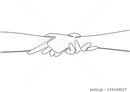 Single line drawing illustrates a handshake, representing agreement, trust, and partnership on Race Unity Day. A symbolic unity concept to promote peace and equality. 134144627