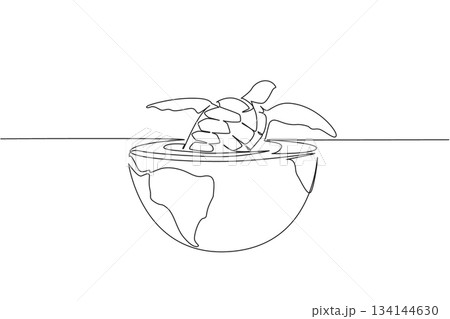 Single line drawing depicts a turtle rising from an Earth shaped bowl of water, symbolizing marine conservation. A strong nature concept illustration for World Oceans Day environmental awareness. 134144630