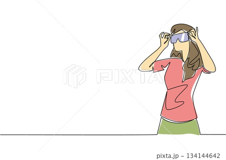 One line drawing of a woman wearing trendy sunglasses, symbolizing health awareness, personal style, and the vibrant spirit of National Eyewear Day, celebrating eye protection and modern fashion 134144642
